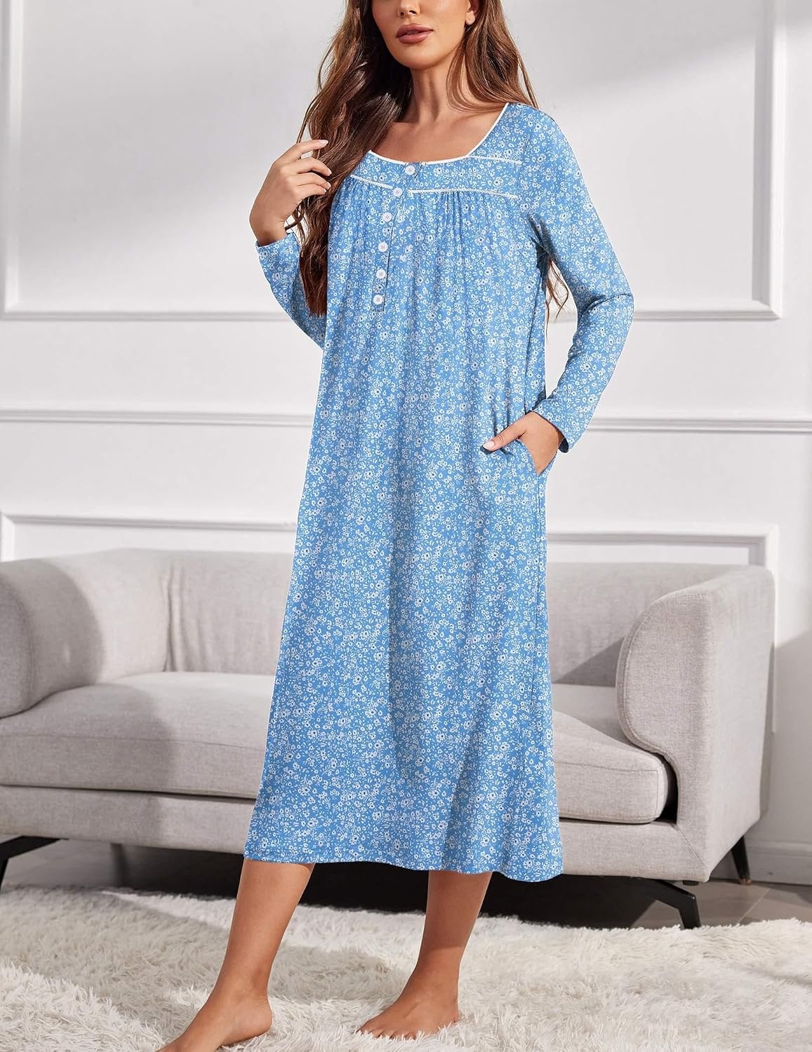 image:imageEkouaer Long Sleeve Nightgowns for Women Sleep Shirt Henley Sleep DressBlue