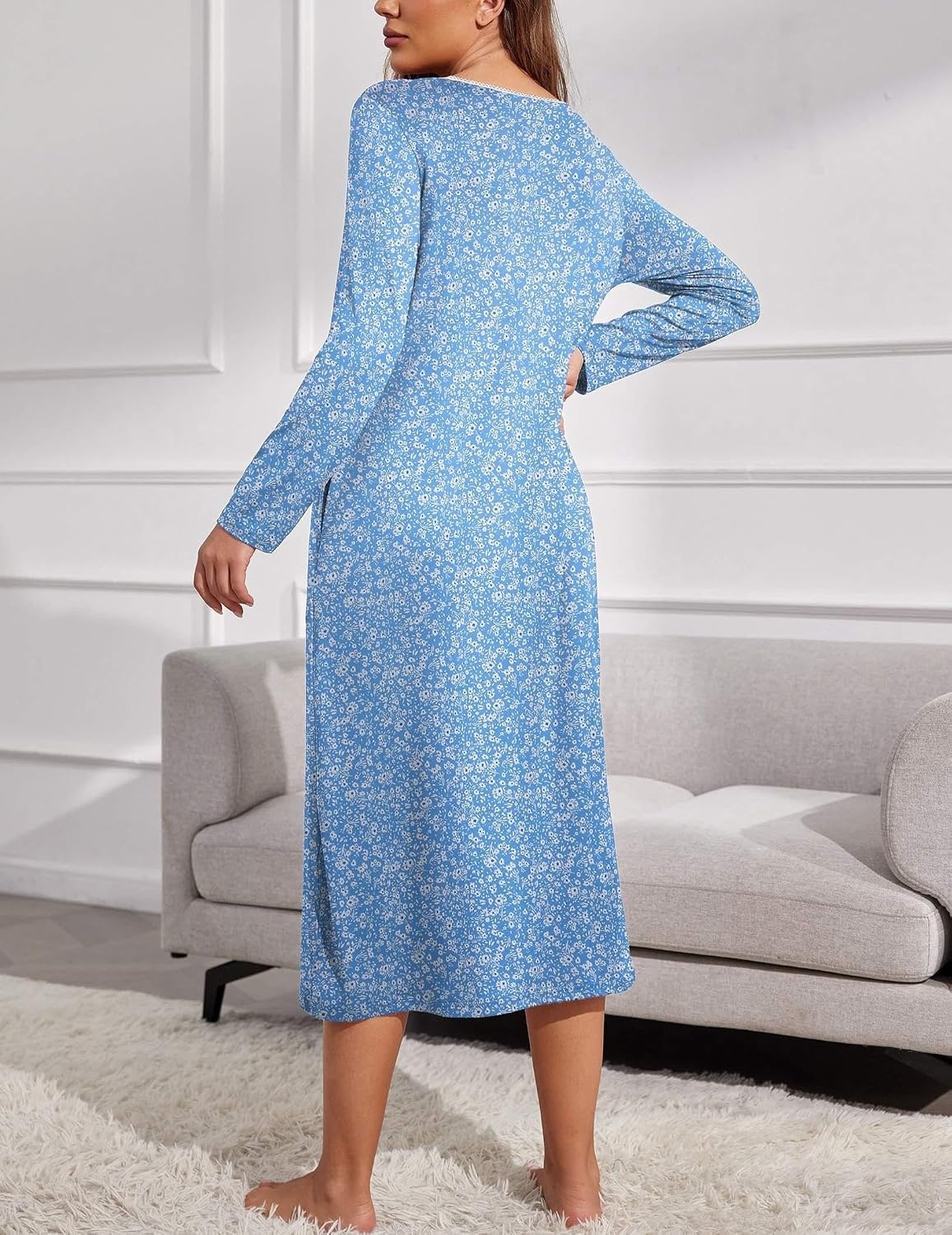 image:imageEkouaer Long Sleeve Nightgowns for Women Sleep Shirt Henley Sleep DressBlue
