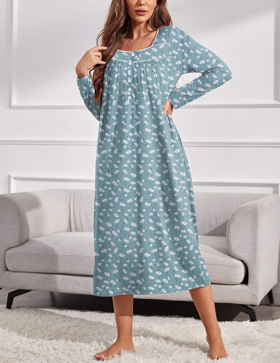 image:imageEkouaer Long Sleeve Nightgowns for Women Sleep Shirt Henley Sleep DressGreen