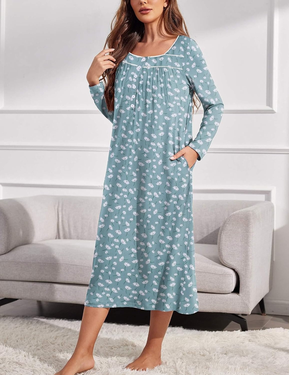 image:imageEkouaer Long Sleeve Nightgowns for Women Sleep Shirt Henley Sleep DressGreen