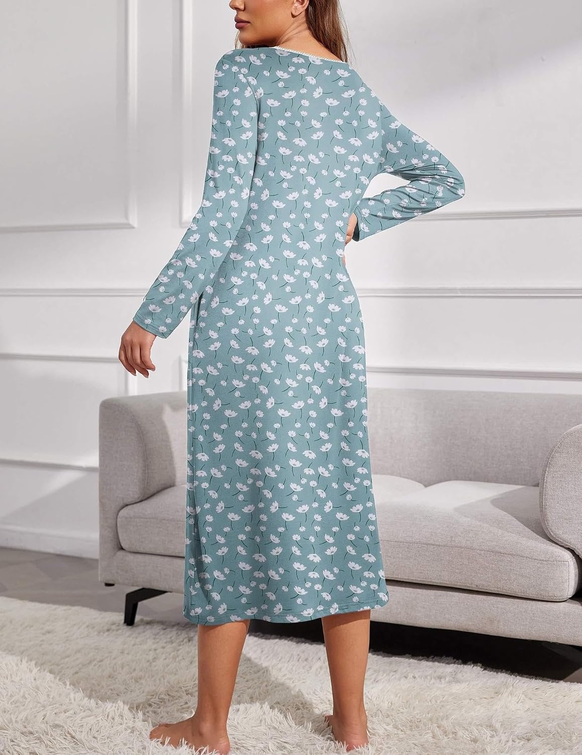 image:imageEkouaer Long Sleeve Nightgowns for Women Sleep Shirt Henley Sleep DressGreen