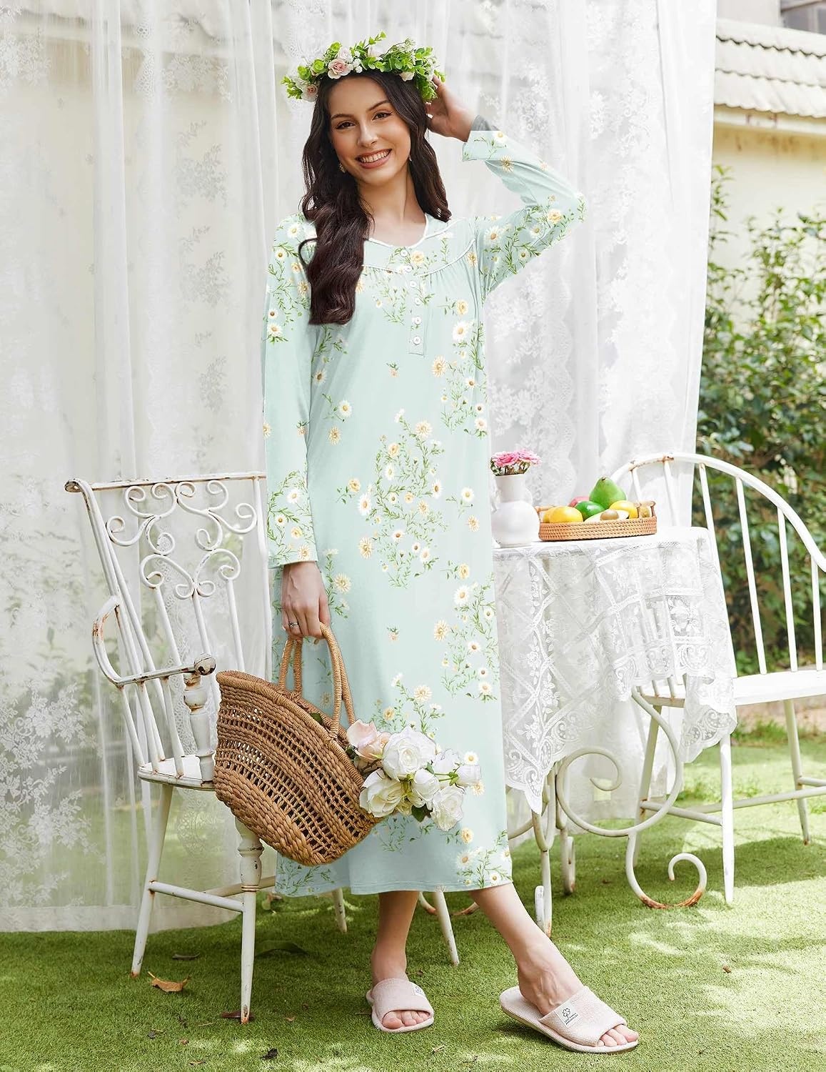 image:imageEkouaer Long Sleeve Nightgowns for Women Sleep Shirt Henley Sleep DressLight Blue Floral