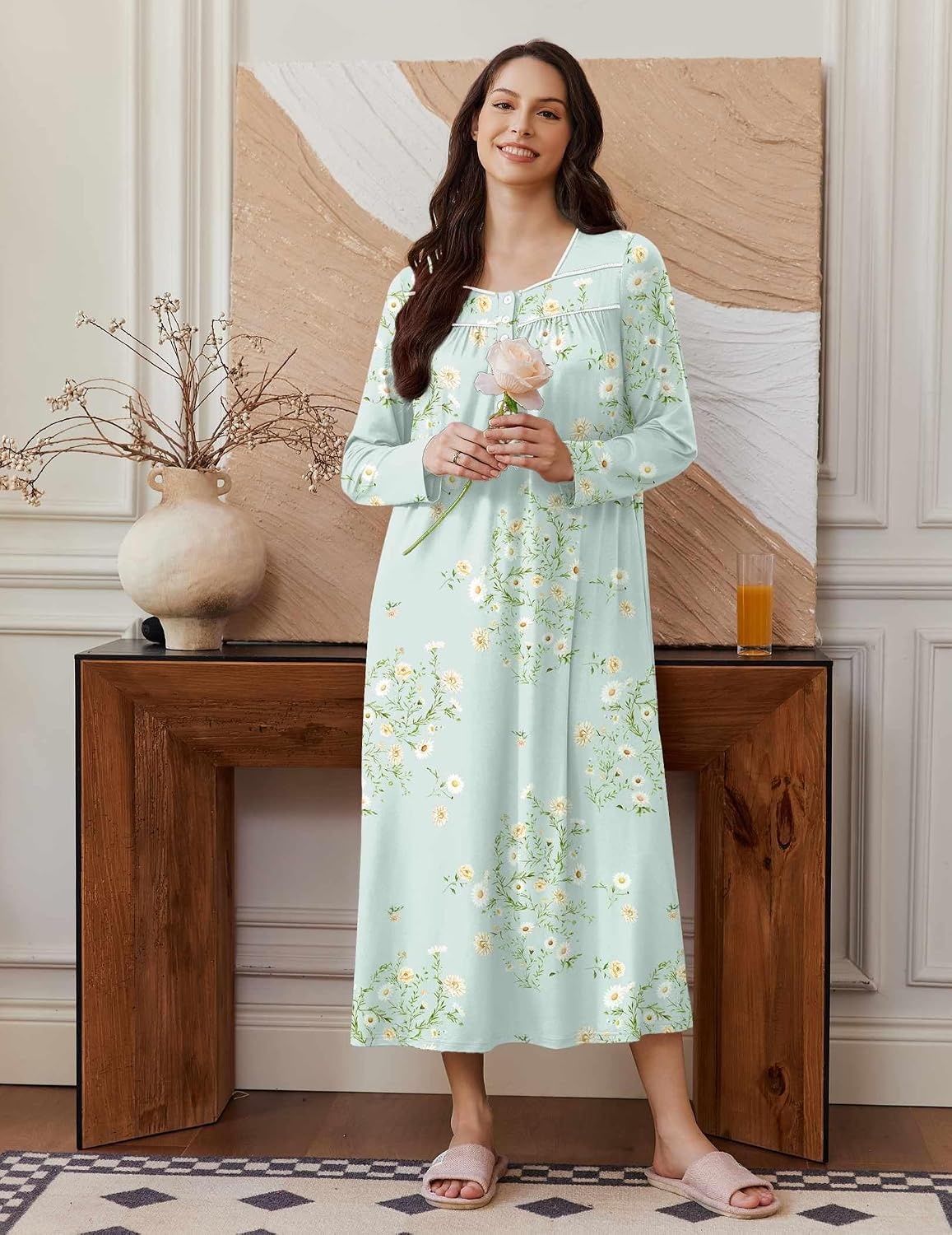 image:imageEkouaer Long Sleeve Nightgowns for Women Sleep Shirt Henley Sleep DressLight Blue Floral