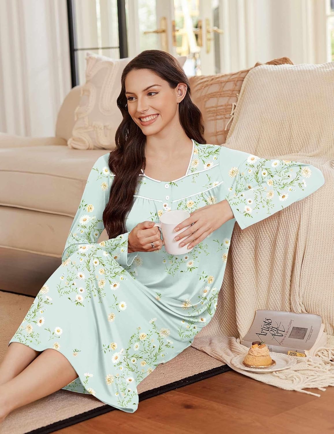 image:imageEkouaer Long Sleeve Nightgowns for Women Sleep Shirt Henley Sleep DressLight Blue Floral