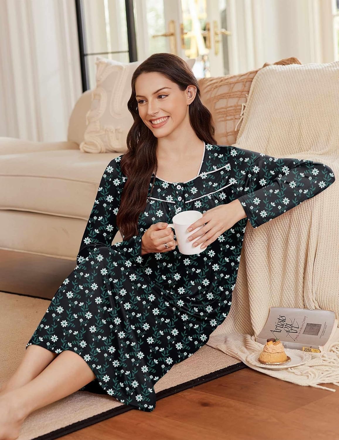 image:imageEkouaer Long Sleeve Nightgowns for Women Sleep Shirt Henley Sleep DressNavy Florals
