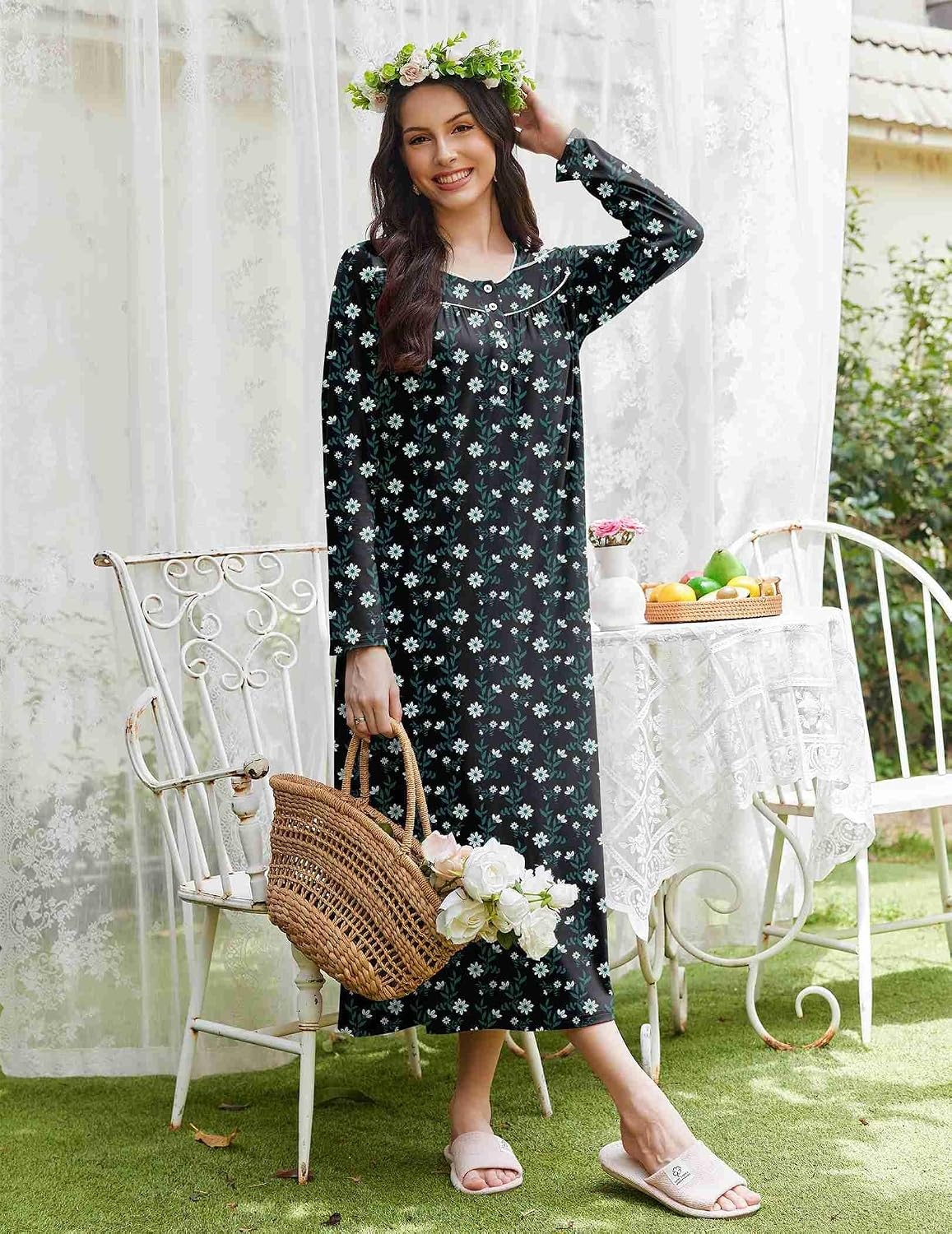 image:imageEkouaer Long Sleeve Nightgowns for Women Sleep Shirt Henley Sleep DressNavy Florals