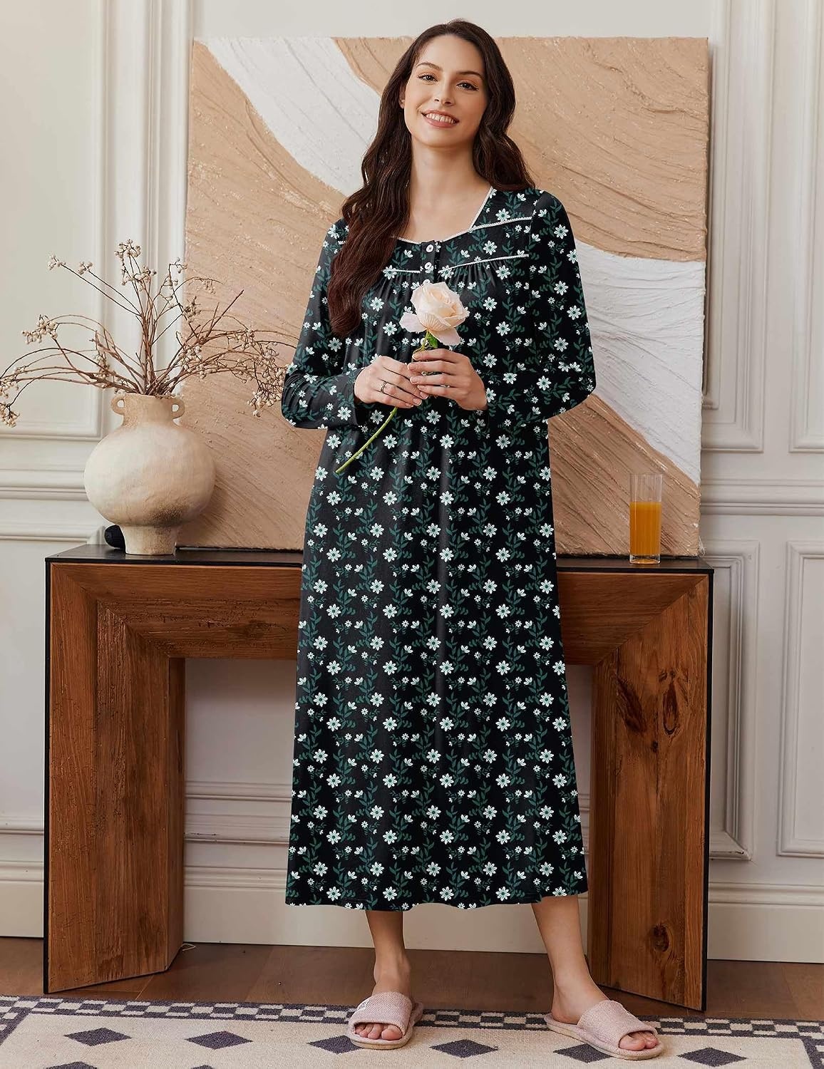 image:imageEkouaer Long Sleeve Nightgowns for Women Sleep Shirt Henley Sleep DressNavy Florals