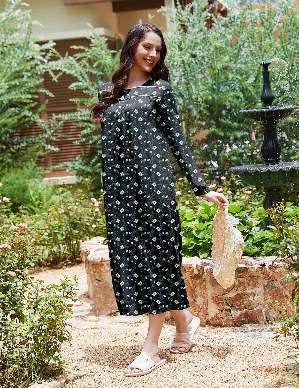 image:imageEkouaer Long Sleeve Nightgowns for Women Sleep Shirt Henley Sleep DressNavy Florals