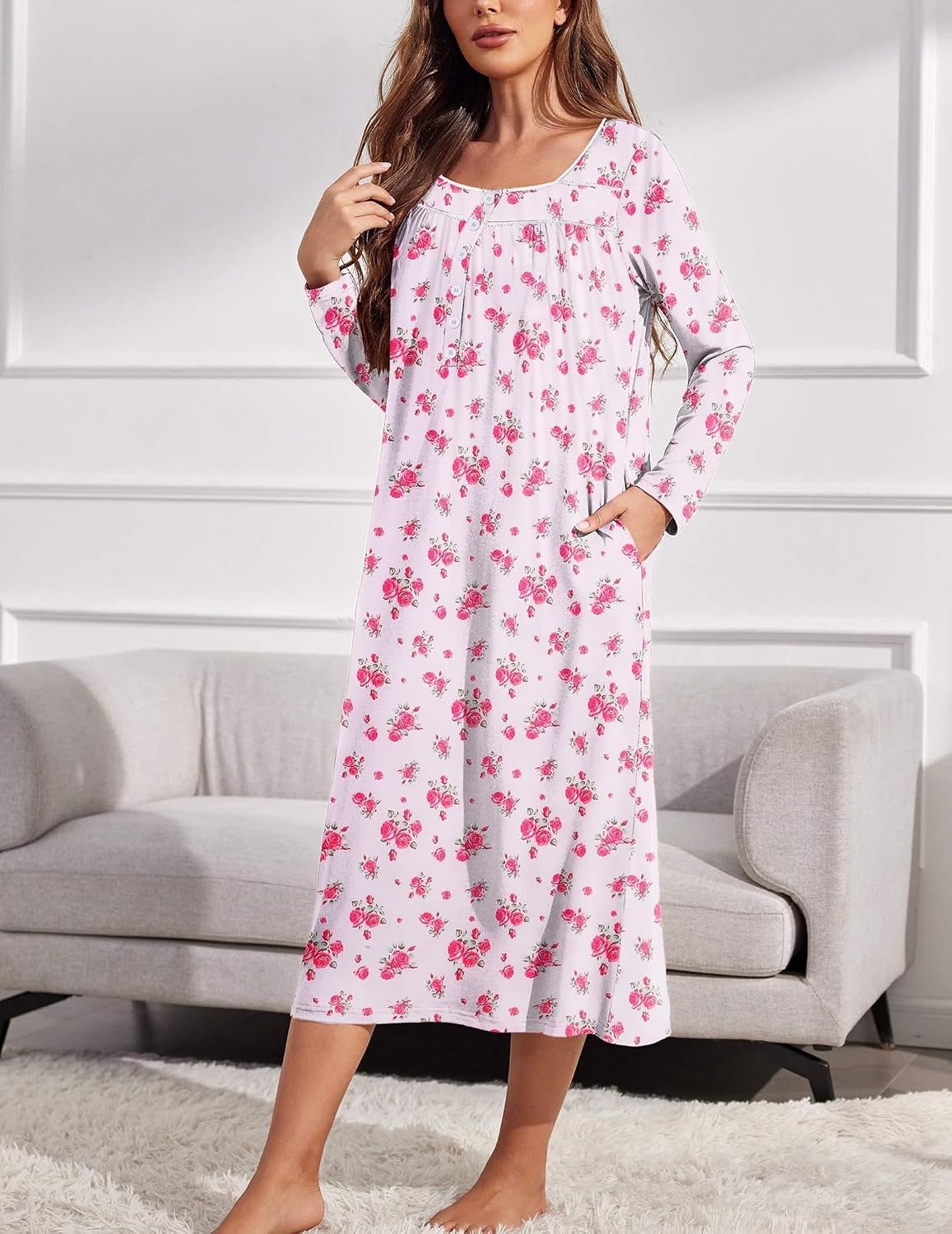 image:imageEkouaer Long Sleeve Nightgowns for Women Sleep Shirt Henley Sleep DressWhite and Pink