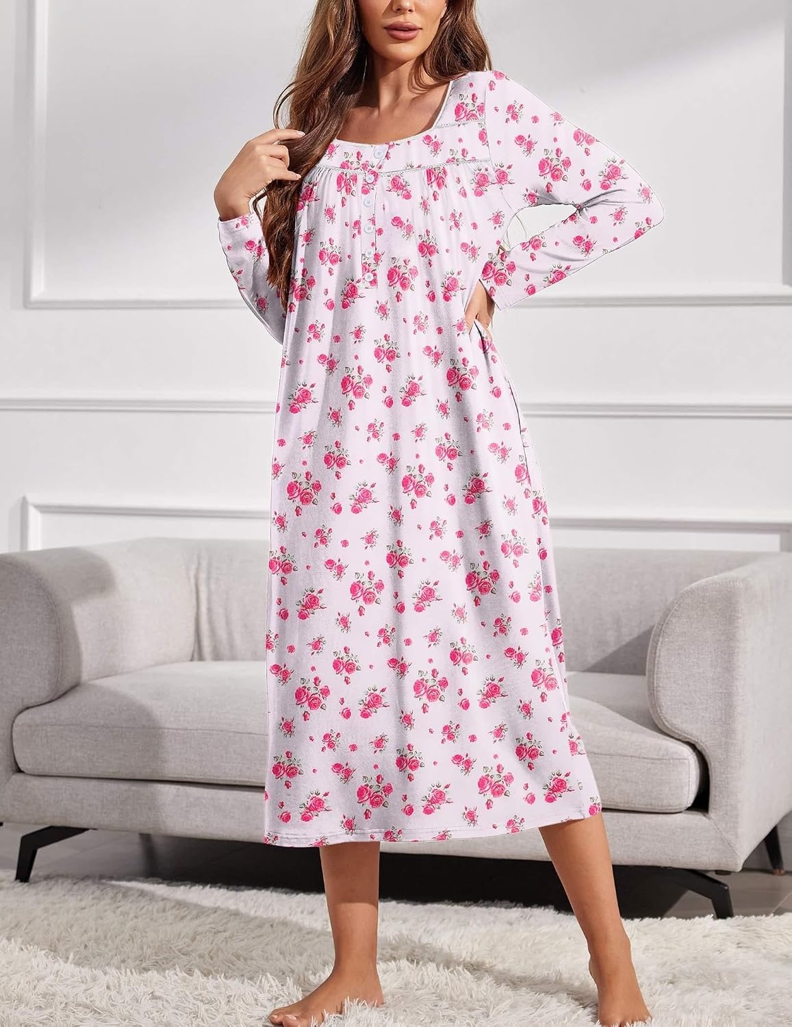 image:imageEkouaer Long Sleeve Nightgowns for Women Sleep Shirt Henley Sleep DressWhite and Pink