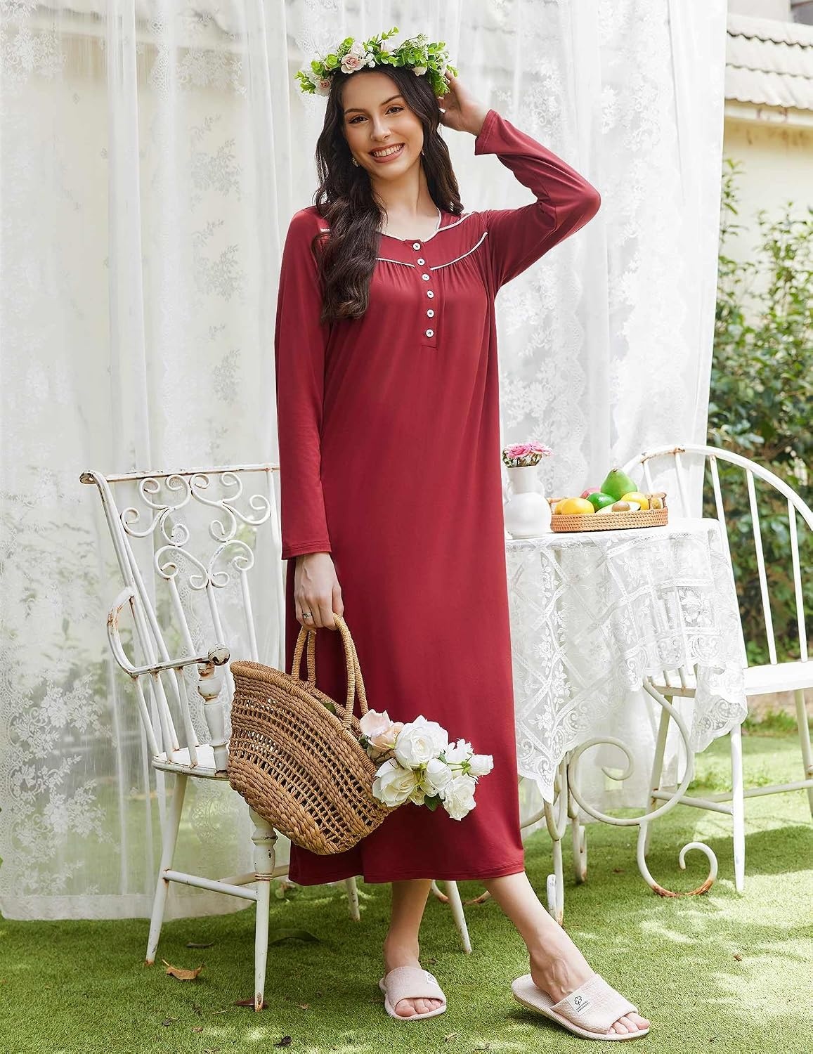 image:imageEkouaer Long Sleeve Nightgowns for Women Sleep Shirt Henley Sleep DressWine Red