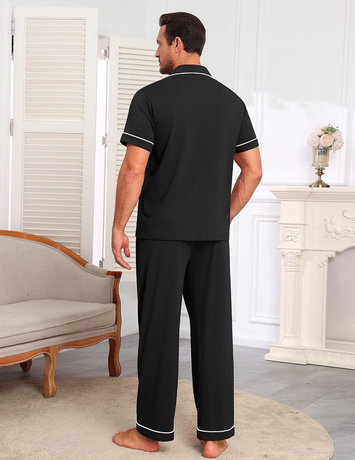 image:imageEkouaer Mens Cotton Pajama Set Short Sleeve Button Down Sleepwear PjsBlack