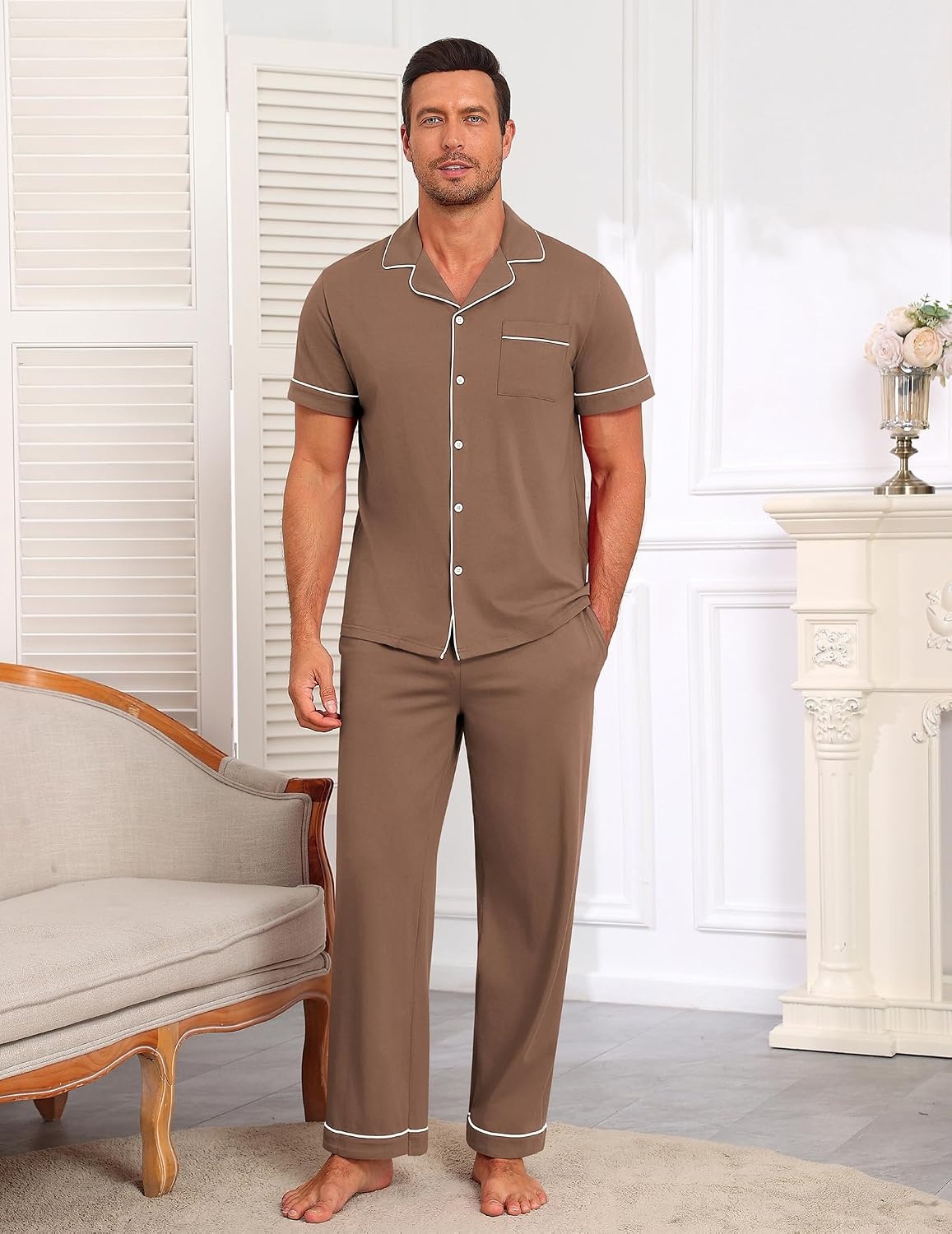 image:imageEkouaer Mens Cotton Pajama Set Short Sleeve Button Down Sleepwear PjsBrown