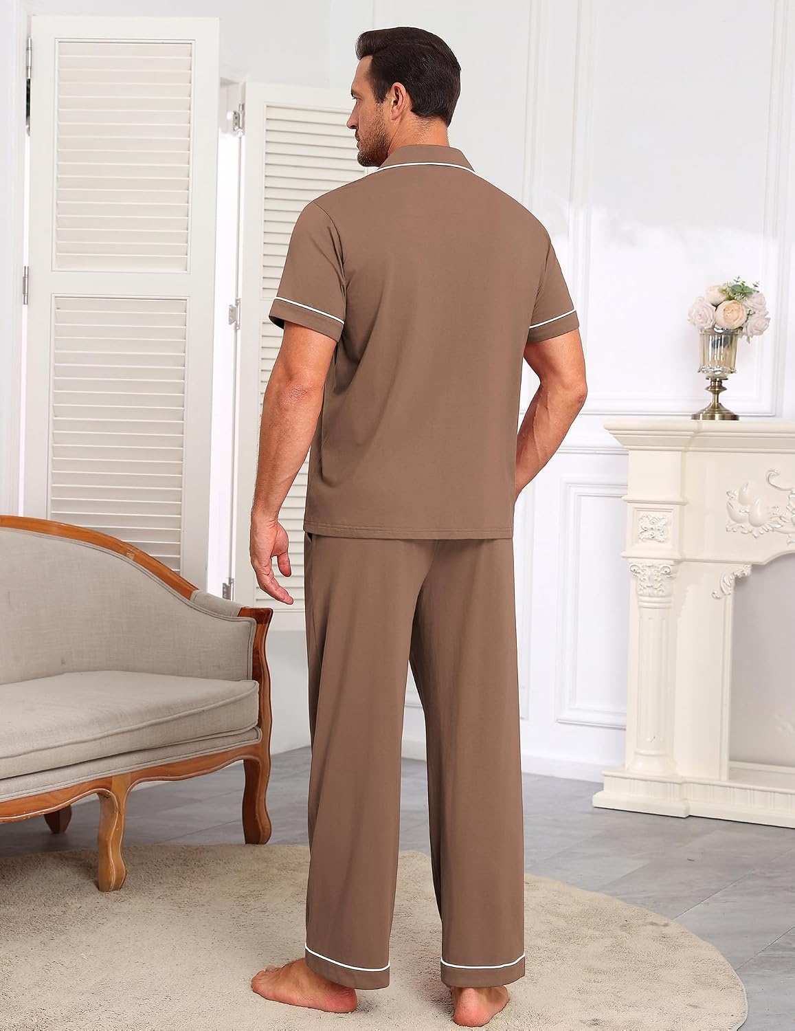 image:imageEkouaer Mens Cotton Pajama Set Short Sleeve Button Down Sleepwear PjsBrown