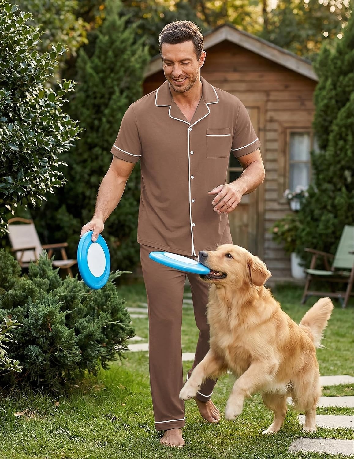 image:imageEkouaer Mens Cotton Pajama Set Short Sleeve Button Down Sleepwear PjsBrown