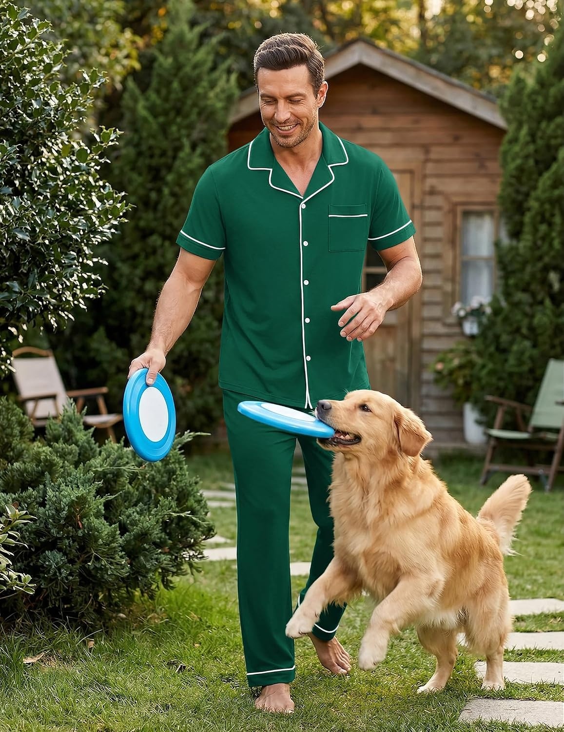image:imageEkouaer Mens Cotton Pajama Set Short Sleeve Button Down Sleepwear PjsEvergreen