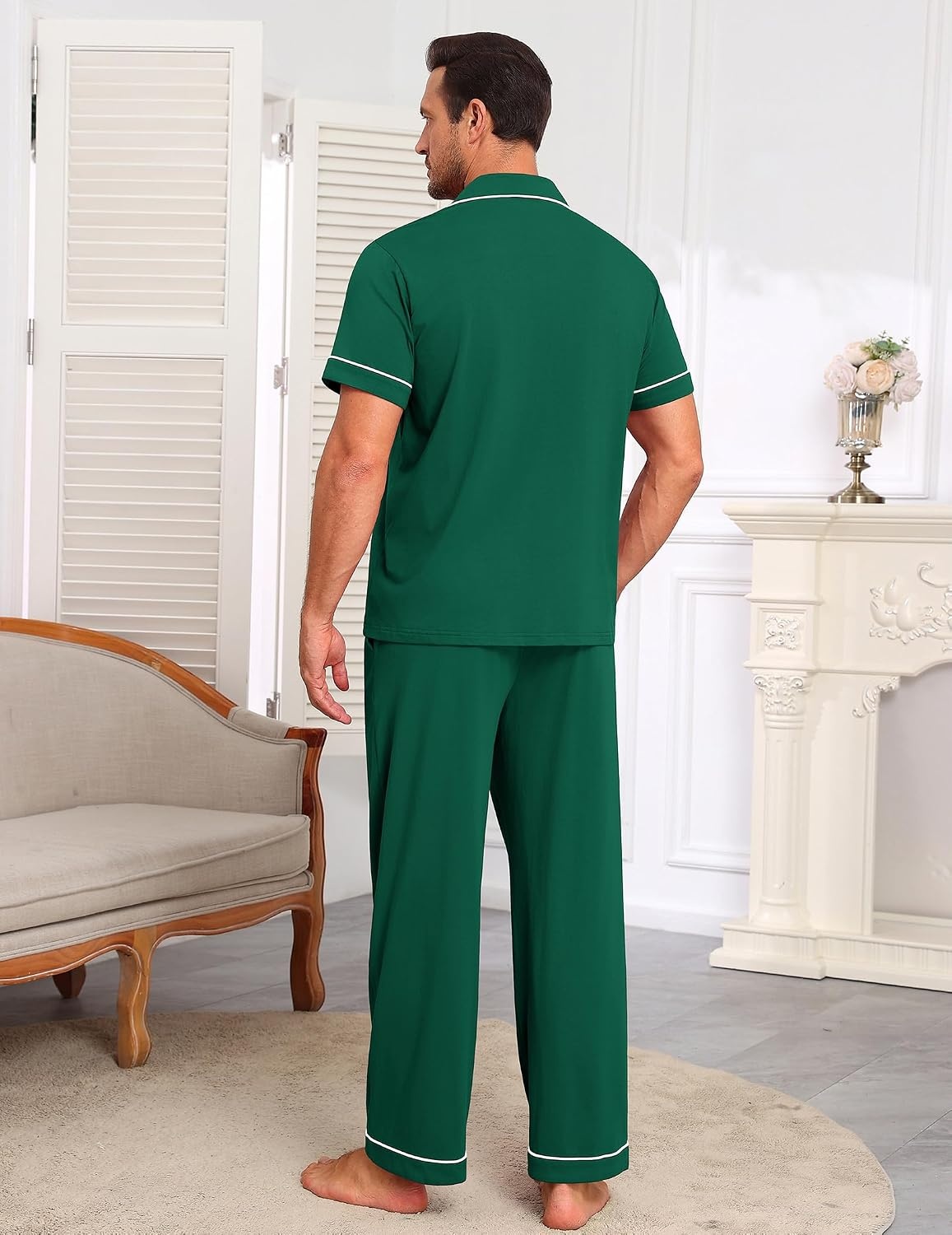 image:imageEkouaer Mens Cotton Pajama Set Short Sleeve Button Down Sleepwear PjsEvergreen