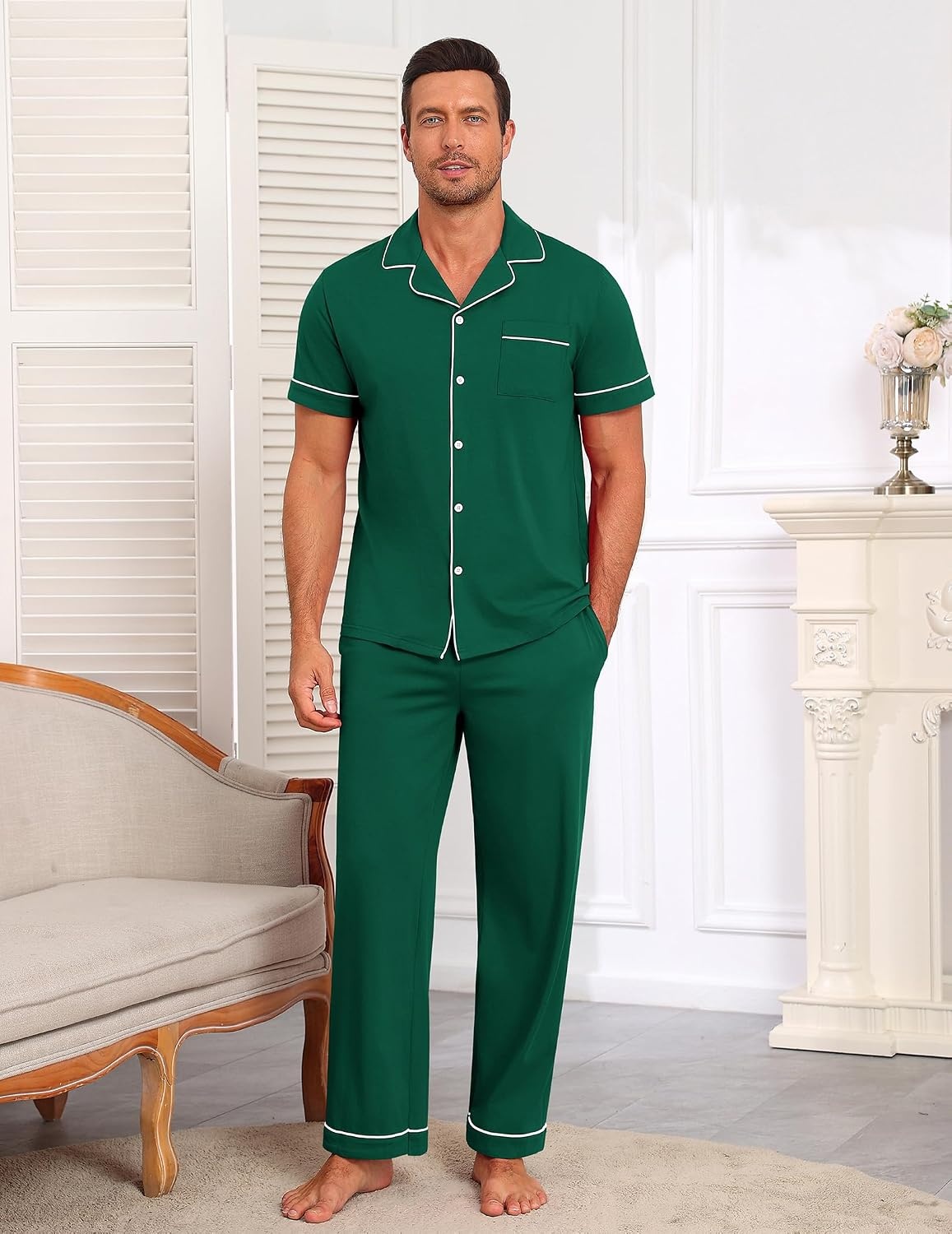 image:imageEkouaer Mens Cotton Pajama Set Short Sleeve Button Down Sleepwear PjsEvergreen