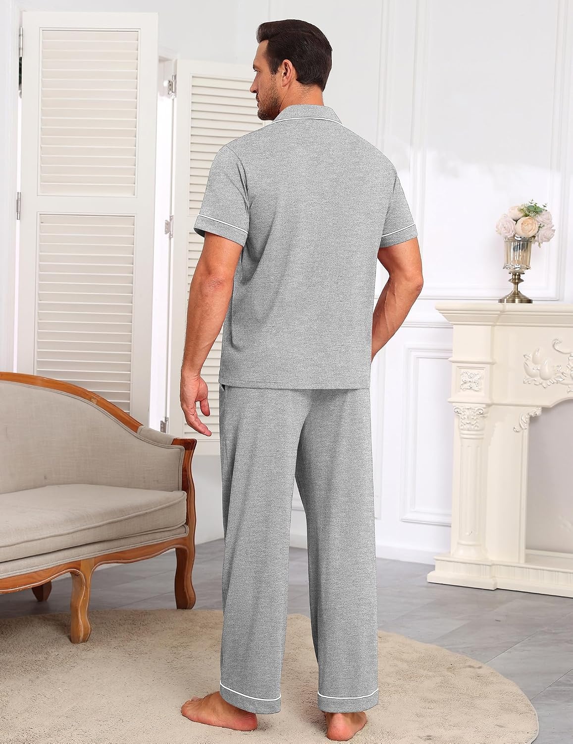 image:imageEkouaer Mens Cotton Pajama Set Short Sleeve Button Down Sleepwear PjsLight Gray