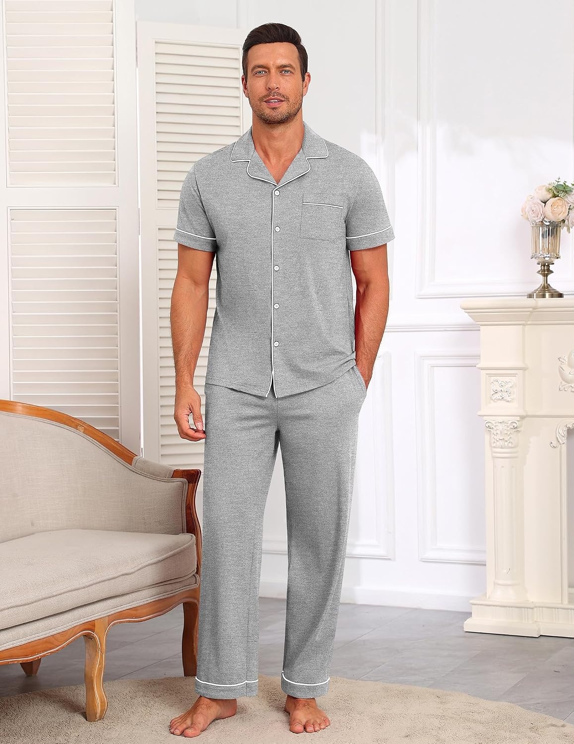 image:imageEkouaer Mens Cotton Pajama Set Short Sleeve Button Down Sleepwear PjsLight Gray