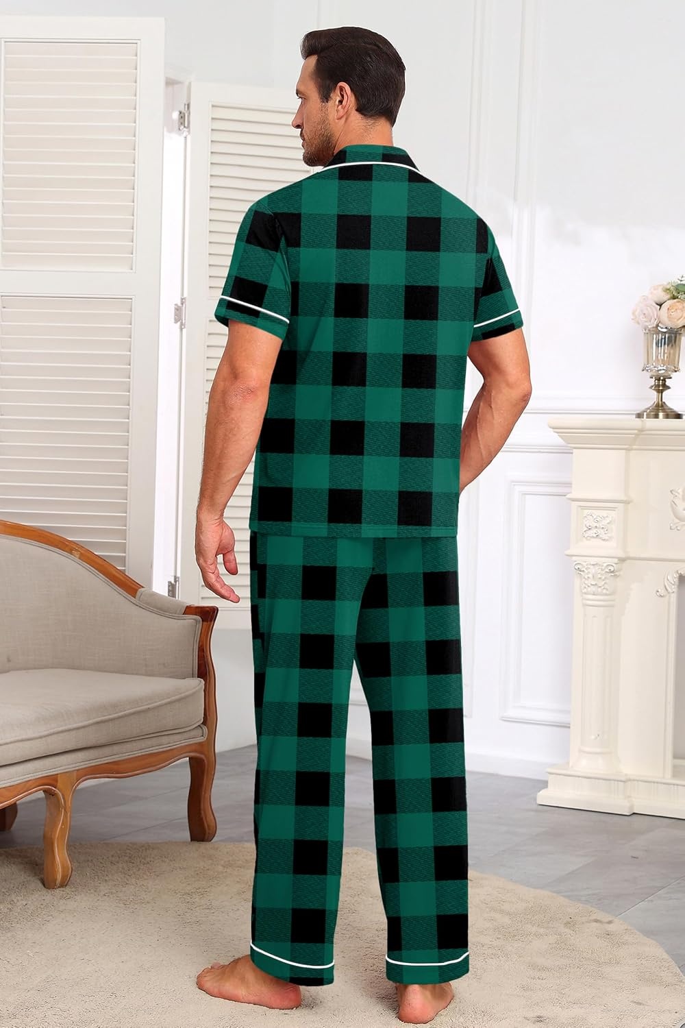 image:imageEkouaer Mens Cotton Pajama Set Short Sleeve Button Down Sleepwear PjsPlaidGreen and Black