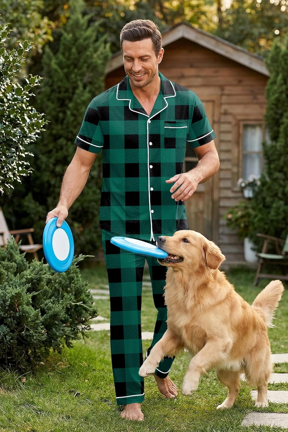 image:imageEkouaer Mens Cotton Pajama Set Short Sleeve Button Down Sleepwear PjsPlaidGreen and Black