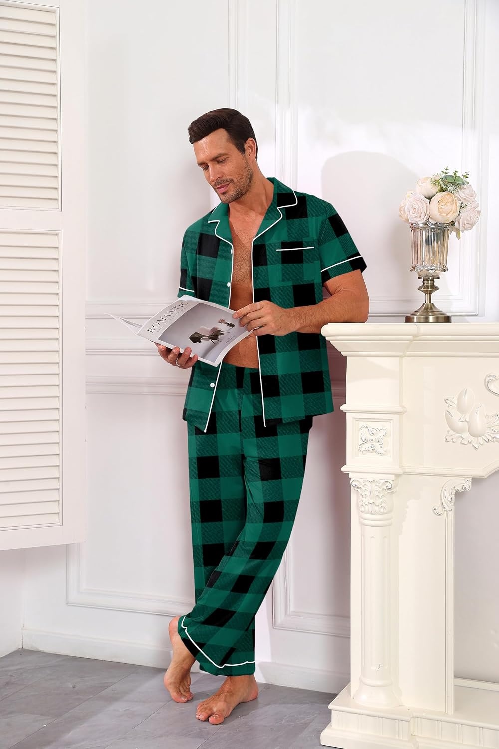 image:imageEkouaer Mens Cotton Pajama Set Short Sleeve Button Down Sleepwear PjsPlaidGreen and Black