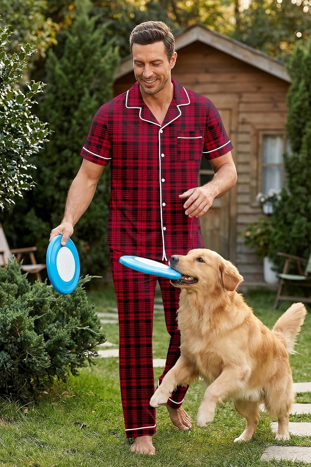 image:imageEkouaer Mens Cotton Pajama Set Short Sleeve Button Down Sleepwear PjsPlaidRed and Black