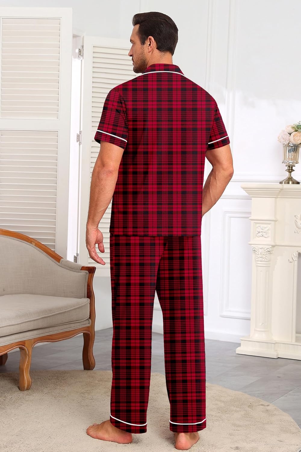 image:imageEkouaer Mens Cotton Pajama Set Short Sleeve Button Down Sleepwear PjsPlaidRed and Black