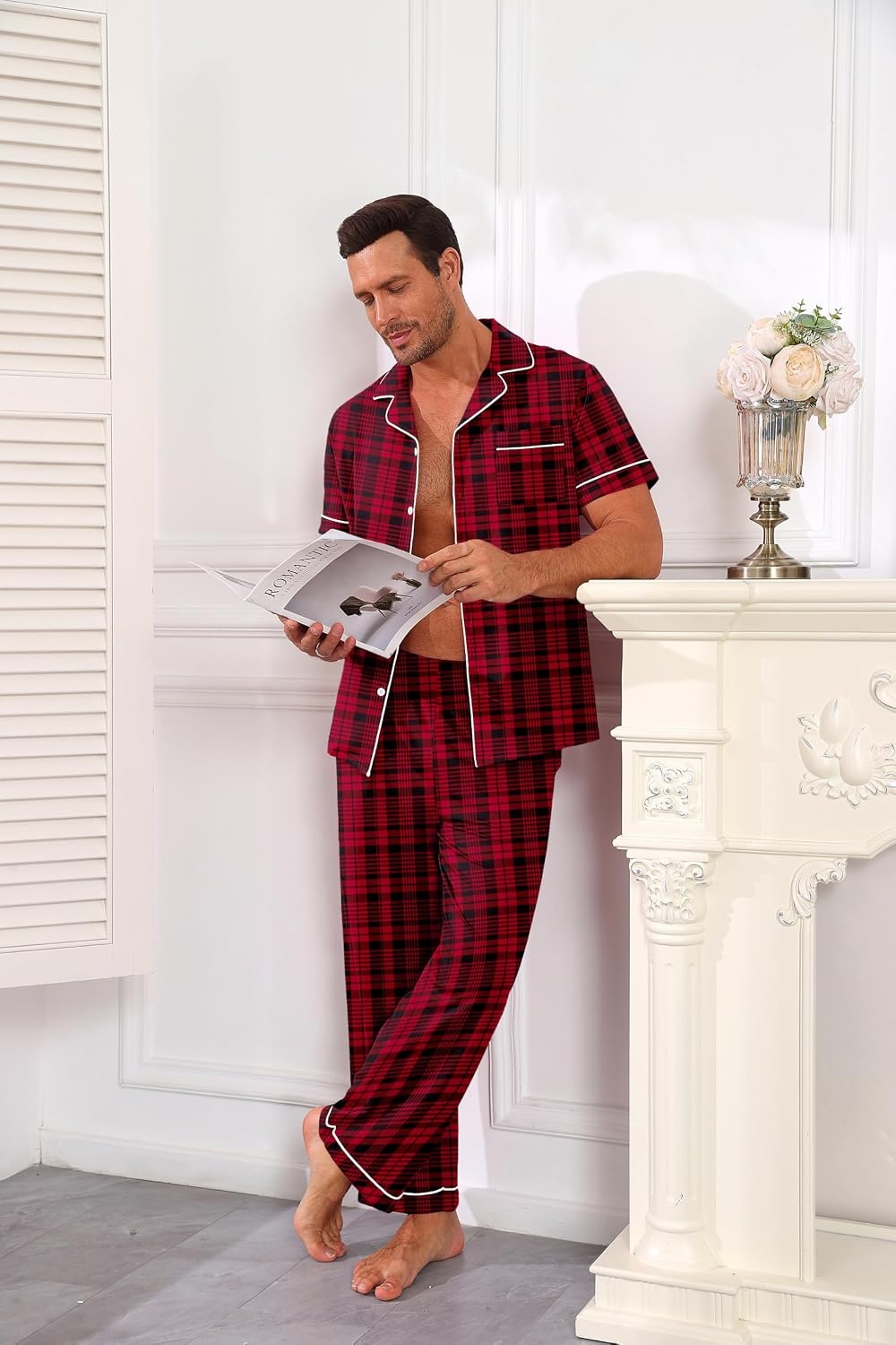 image:imageEkouaer Mens Cotton Pajama Set Short Sleeve Button Down Sleepwear PjsPlaidRed and Black