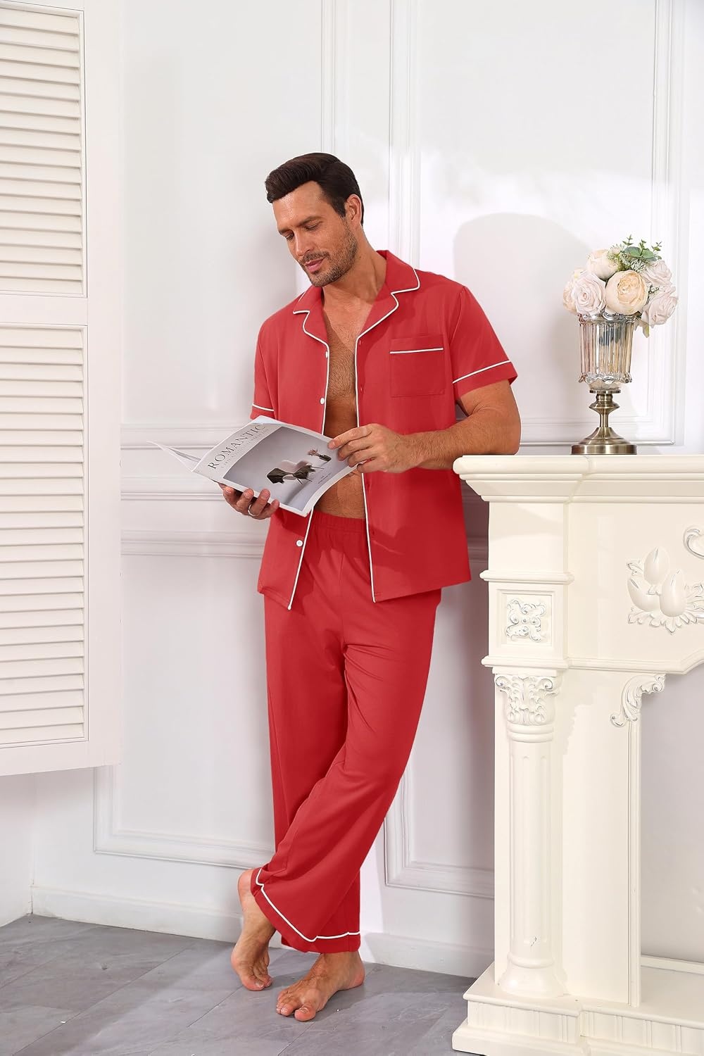 image:imageEkouaer Mens Cotton Pajama Set Short Sleeve Button Down Sleepwear PjsRed