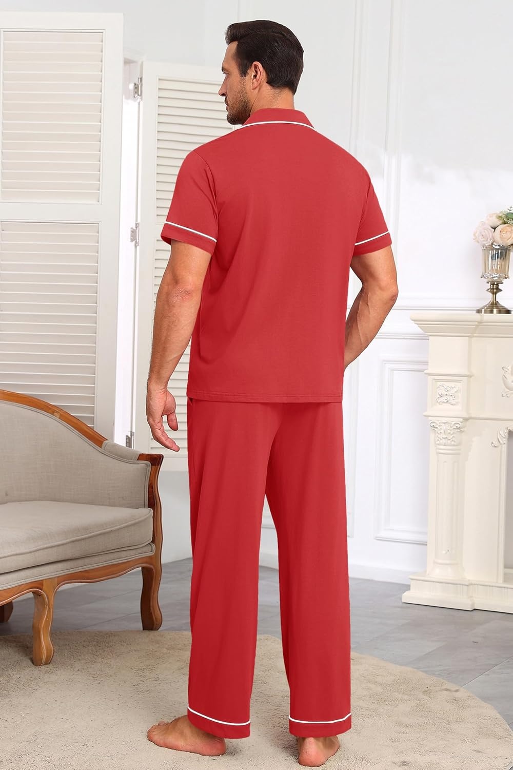image:imageEkouaer Mens Cotton Pajama Set Short Sleeve Button Down Sleepwear PjsRed