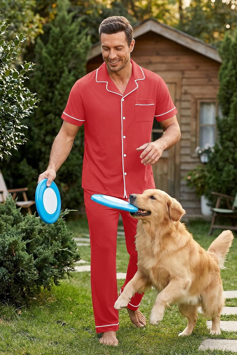 image:imageEkouaer Mens Cotton Pajama Set Short Sleeve Button Down Sleepwear PjsRed