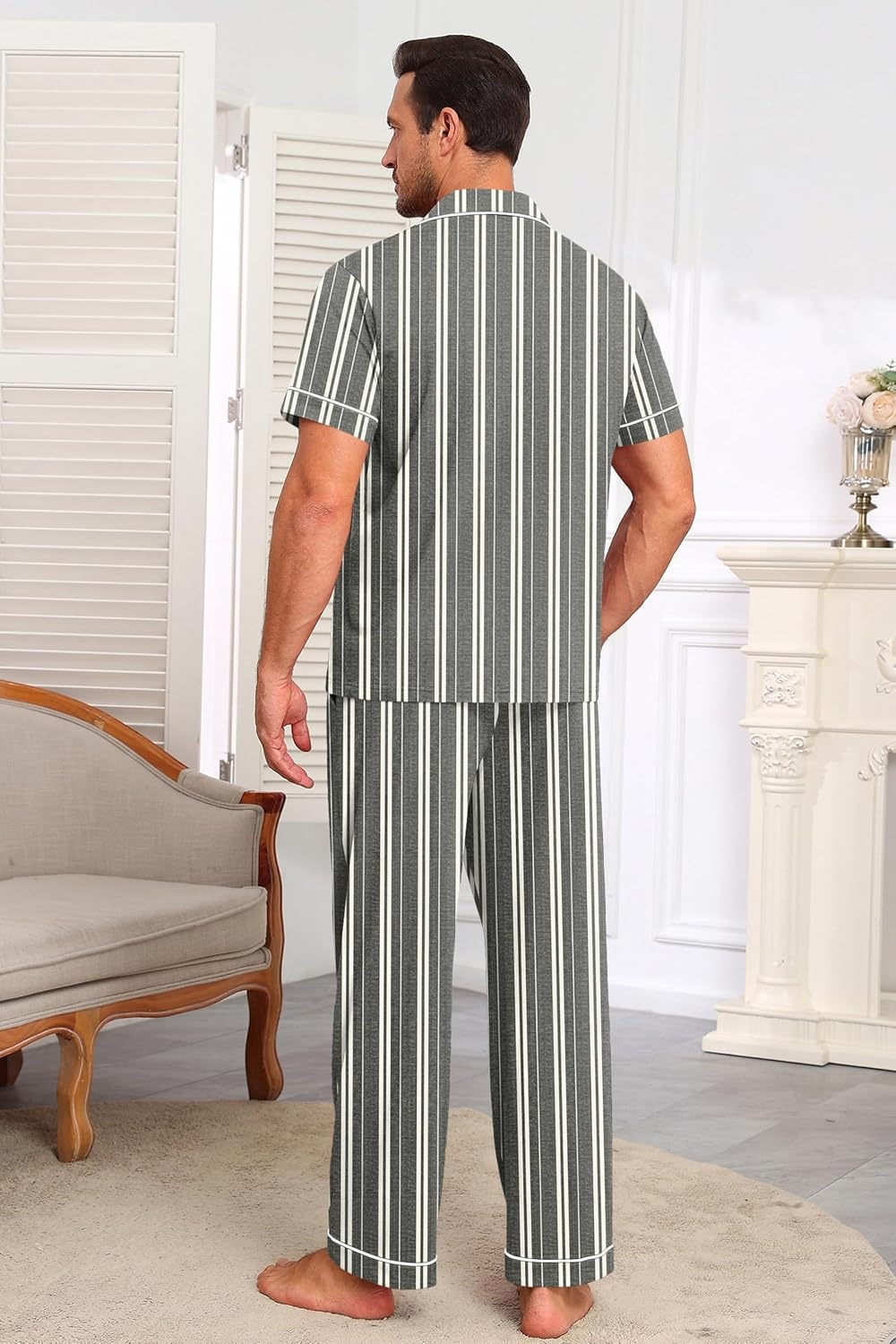 image:imageEkouaer Mens Cotton Pajama Set Short Sleeve Button Down Sleepwear PjsStripedDark Grey Apricot