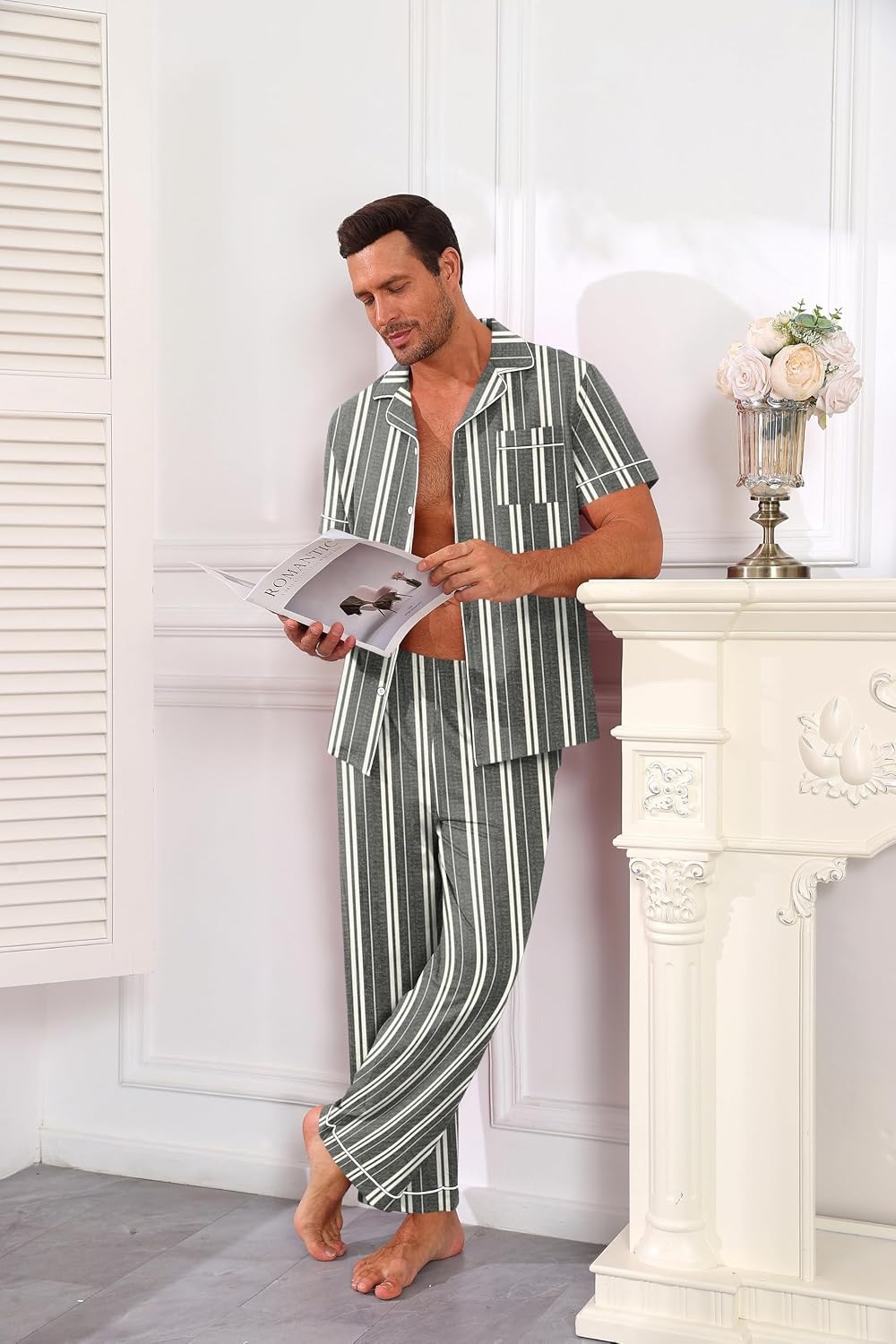 image:imageEkouaer Mens Cotton Pajama Set Short Sleeve Button Down Sleepwear PjsStripedDark Grey Apricot