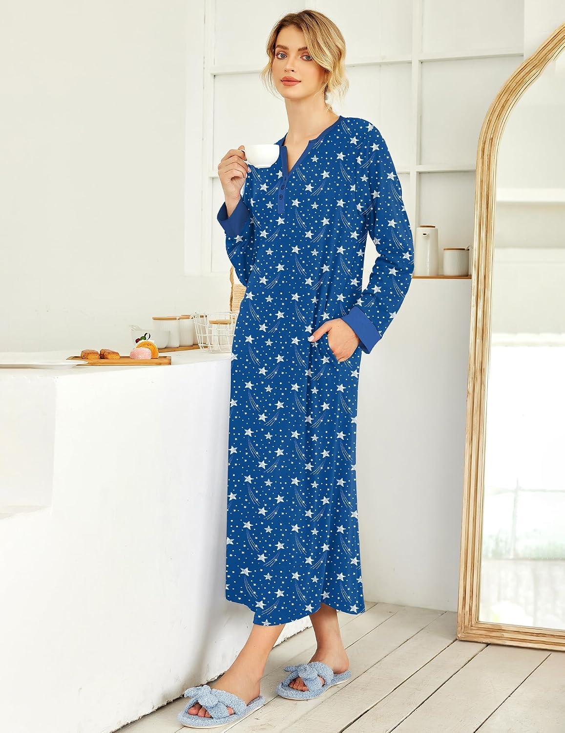 image:imageEkouaer Nightgowns for Women Long Sleeve Winter Night Gown with PocketsBlue Star