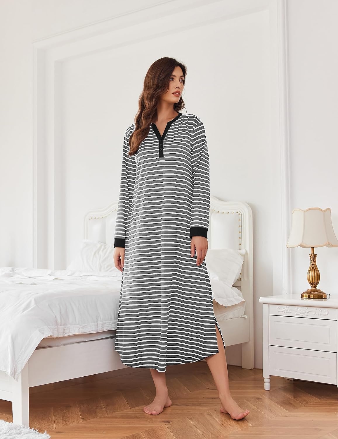 image:imageEkouaer Nightgowns for Women Long Sleeve Winter Night Gown with PocketsGrey White Striped