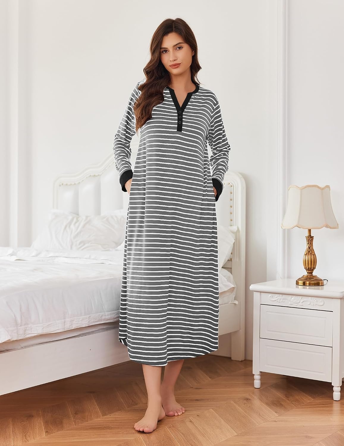 image:imageEkouaer Nightgowns for Women Long Sleeve Winter Night Gown with PocketsGrey White Striped