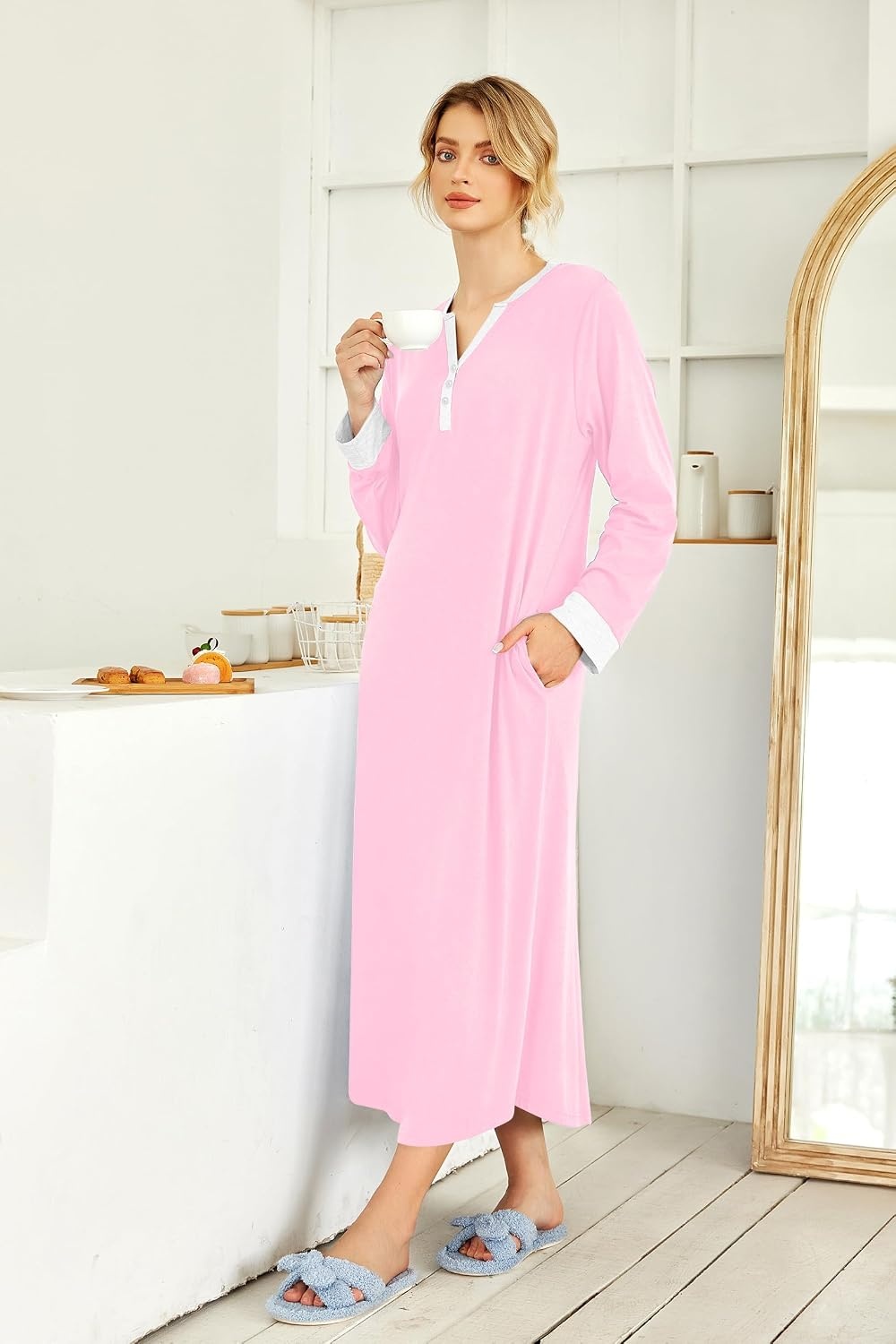 image:imageEkouaer Nightgowns for Women Long Sleeve Winter Night Gown with PocketsLight Pink
