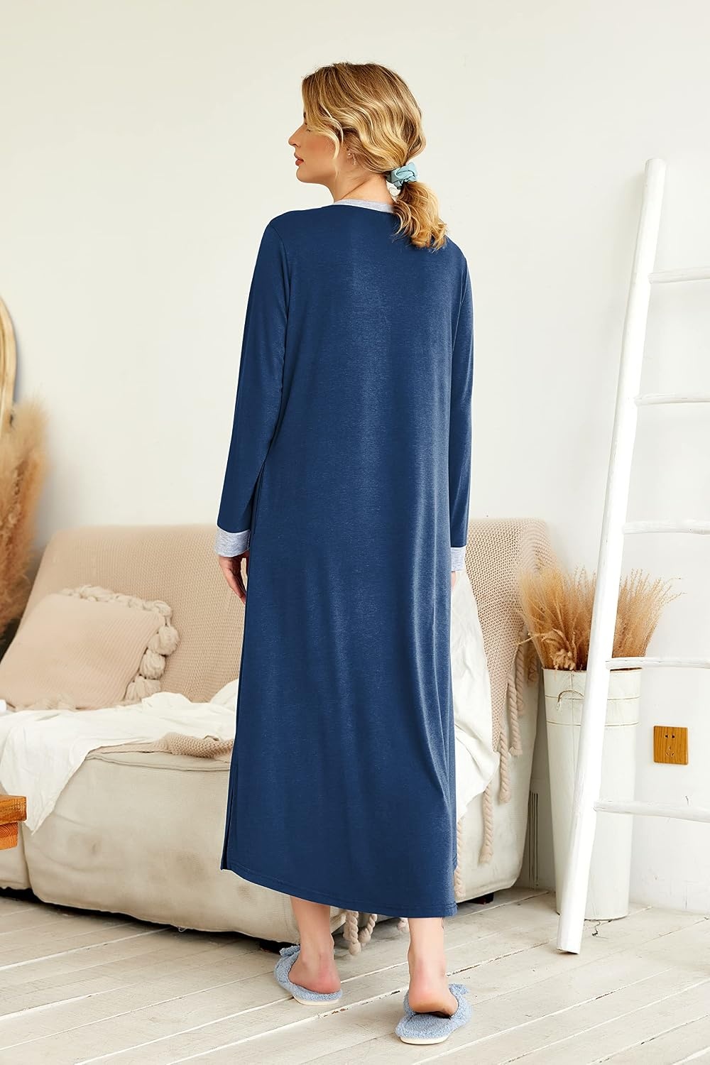 image:imageEkouaer Nightgowns for Women Long Sleeve Winter Night Gown with PocketsNavy