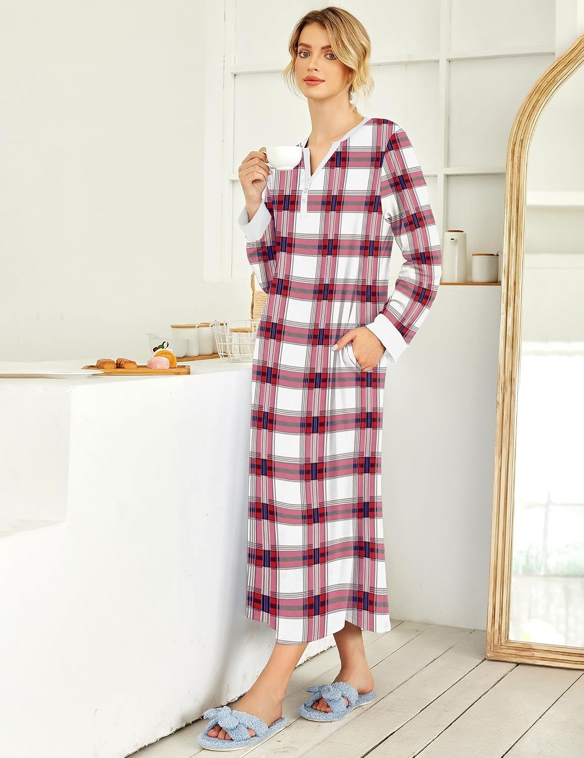 image:imageEkouaer Nightgowns for Women Long Sleeve Winter Night Gown with PocketsWhite Plaid