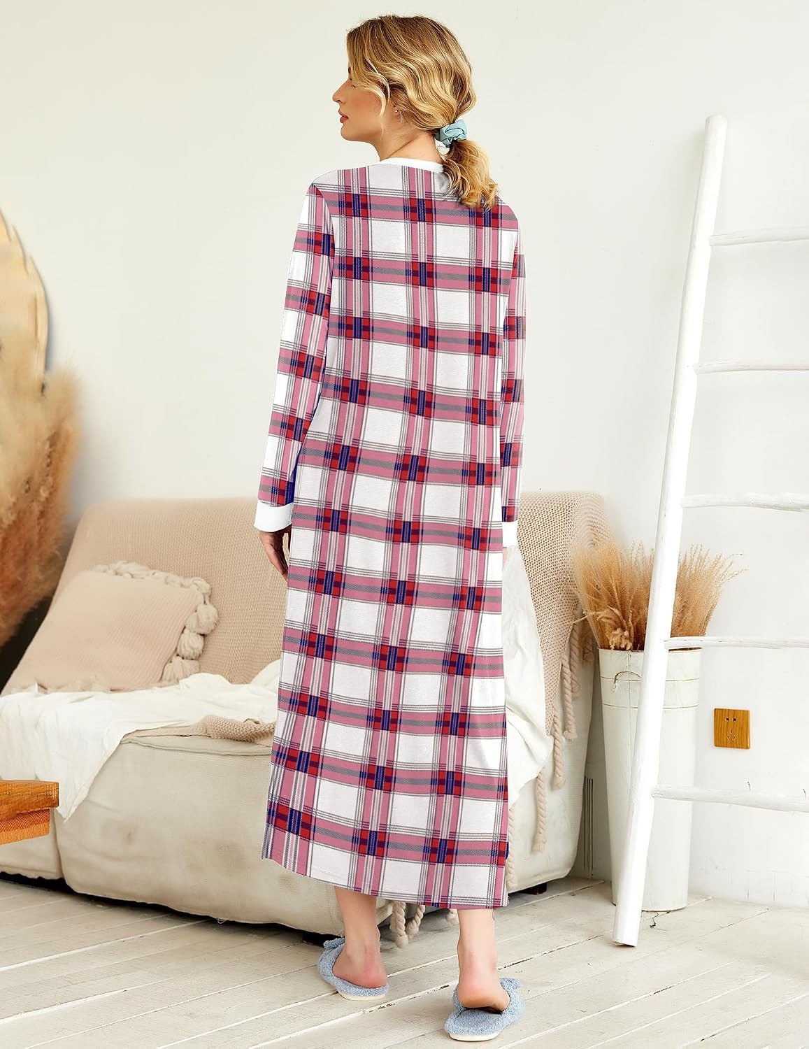 image:imageEkouaer Nightgowns for Women Long Sleeve Winter Night Gown with PocketsWhite Plaid