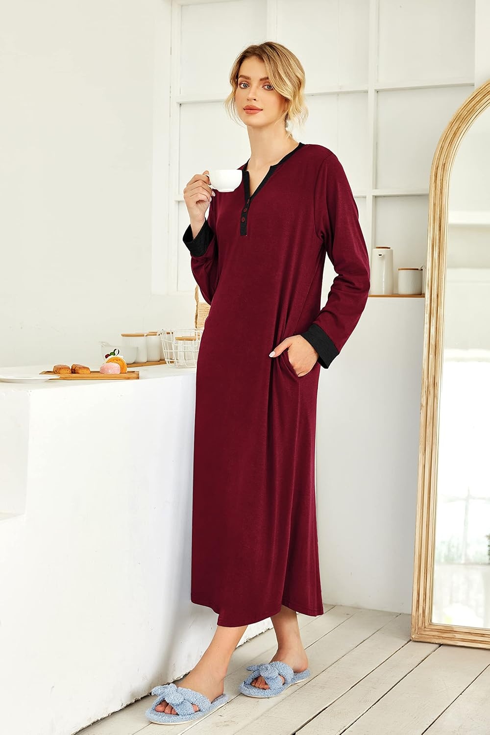 image:imageEkouaer Nightgowns for Women Long Sleeve Winter Night Gown with PocketsWine Red