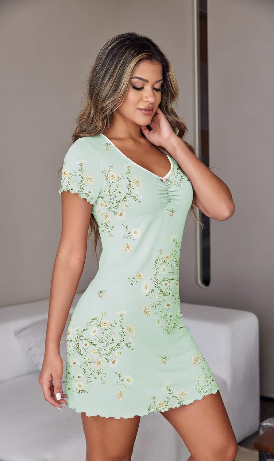 image:imageEkouaer Nightgowns for Women Sexy Sleep Shirts V Neck Night GownsGreen Floral