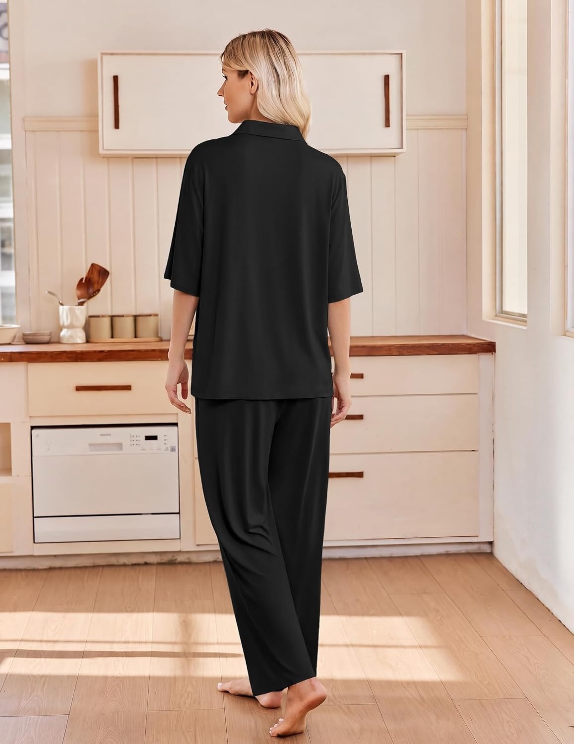 image:imageEkouaer Pajamas for Women Set Button Up Short Sleeve Pjs with Long PantsBlack