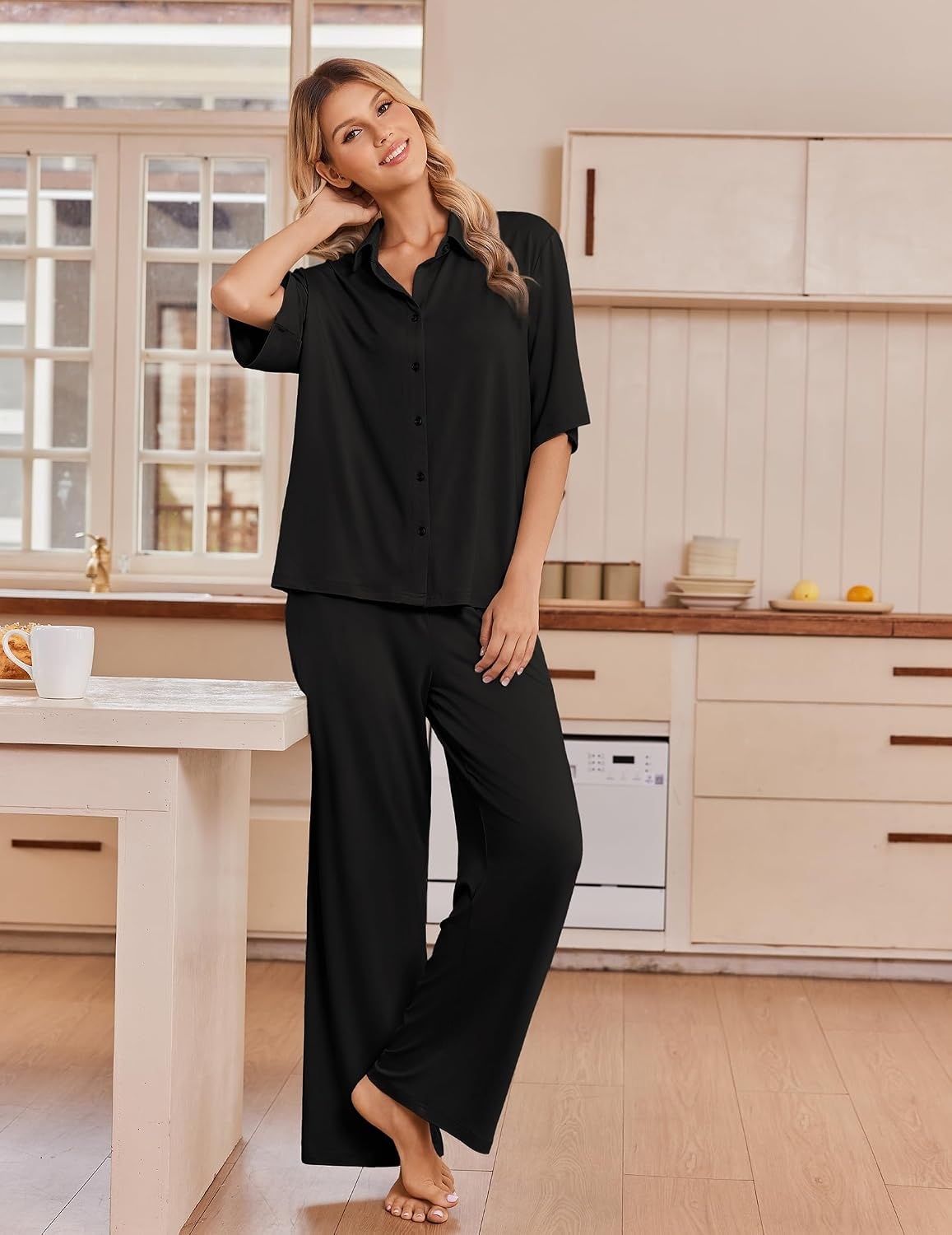 image:imageEkouaer Pajamas for Women Set Button Up Short Sleeve Pjs with Long PantsBlack