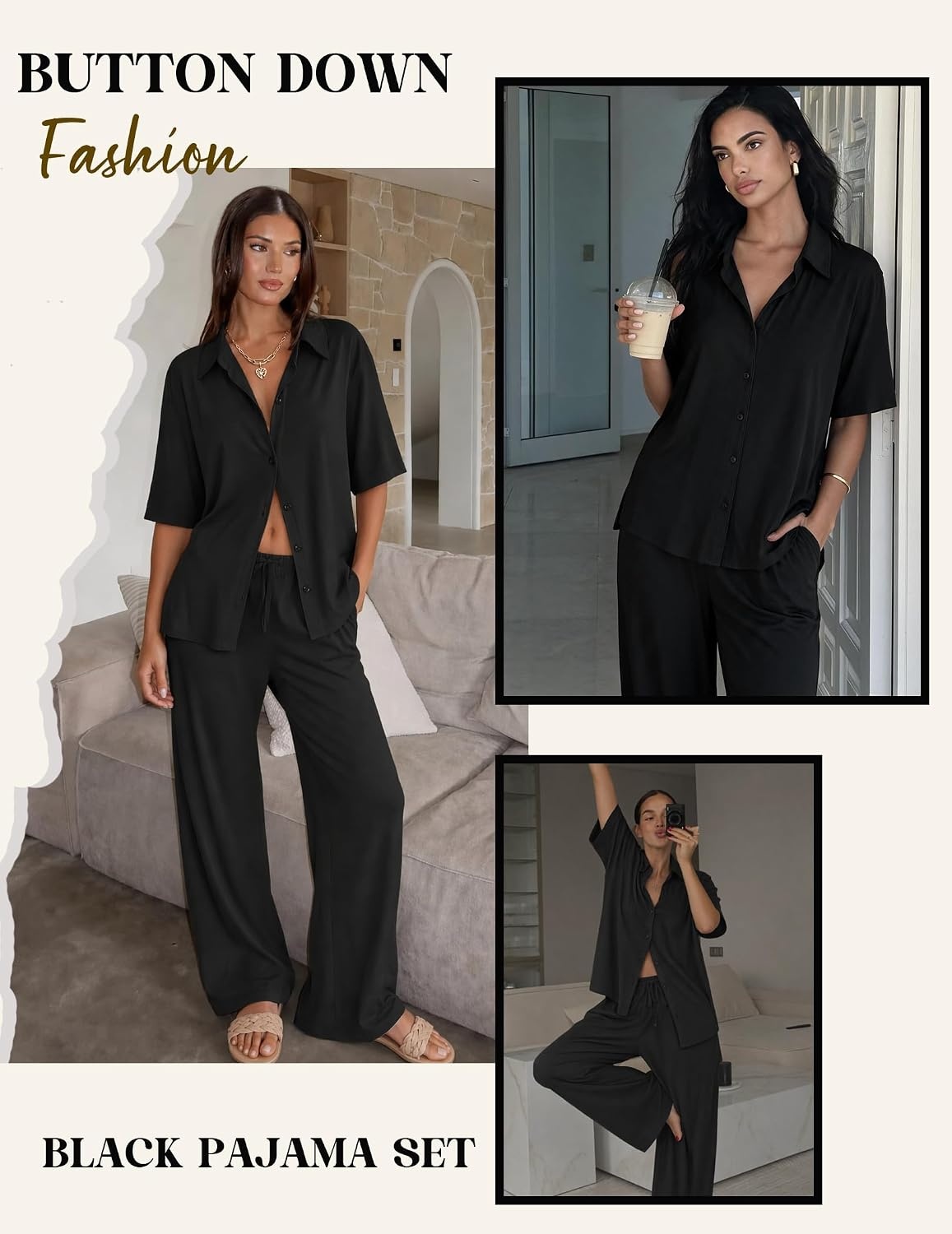 image:imageEkouaer Pajamas for Women Set Button Up Short Sleeve Pjs with Long PantsBlack