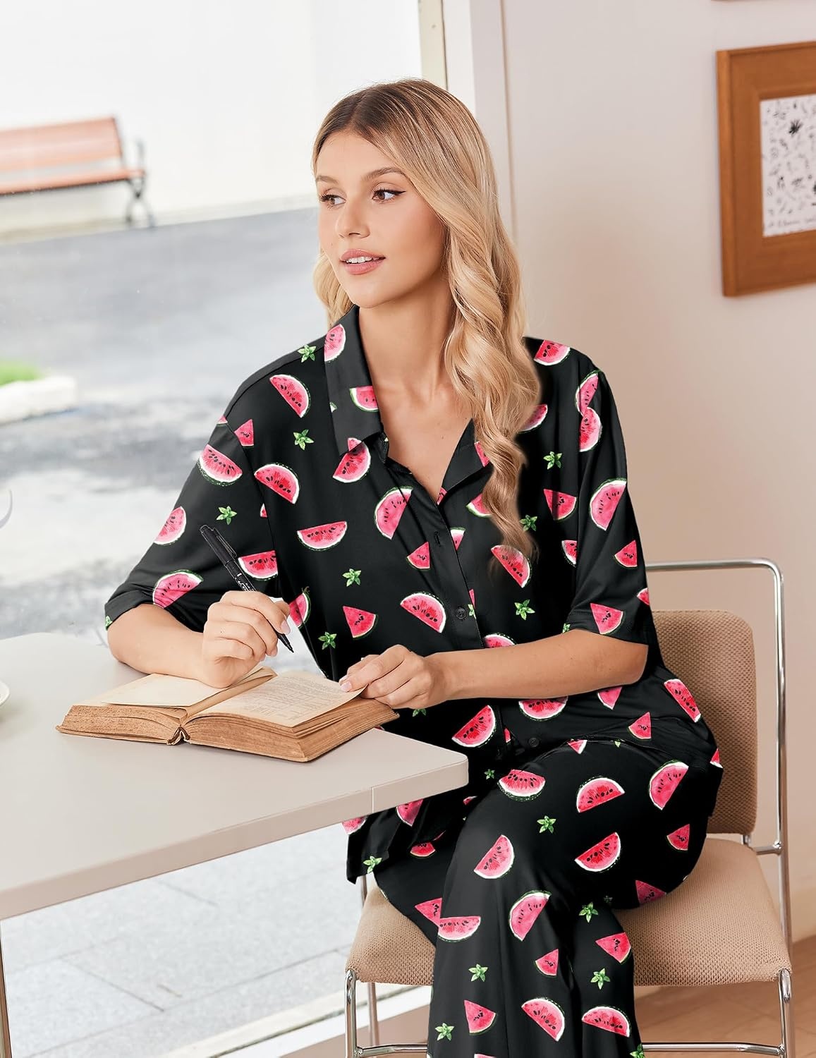 image:imageEkouaer Pajamas for Women Set Button Up Short Sleeve Pjs with Long PantsBlack Watermelon