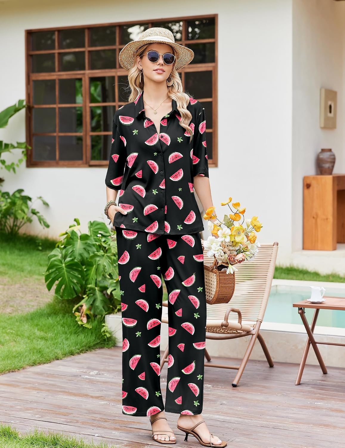 image:imageEkouaer Pajamas for Women Set Button Up Short Sleeve Pjs with Long PantsBlack Watermelon