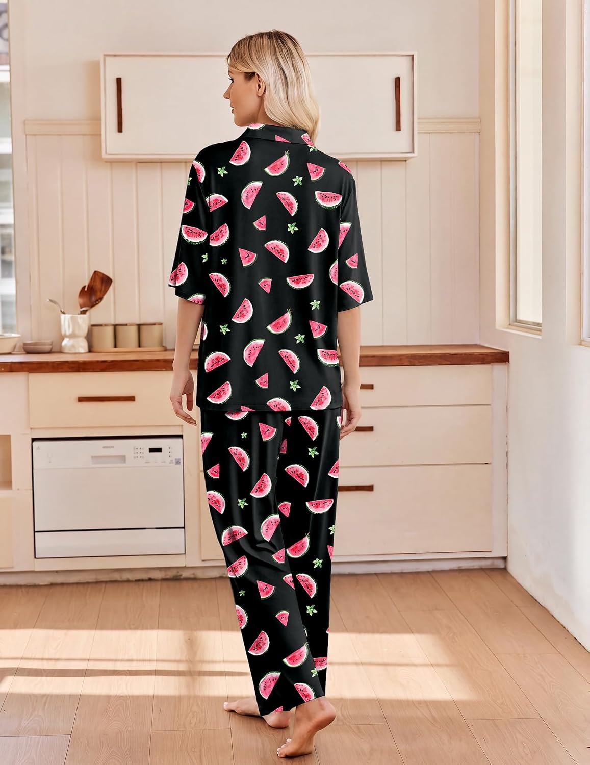 image:imageEkouaer Pajamas for Women Set Button Up Short Sleeve Pjs with Long PantsBlack Watermelon